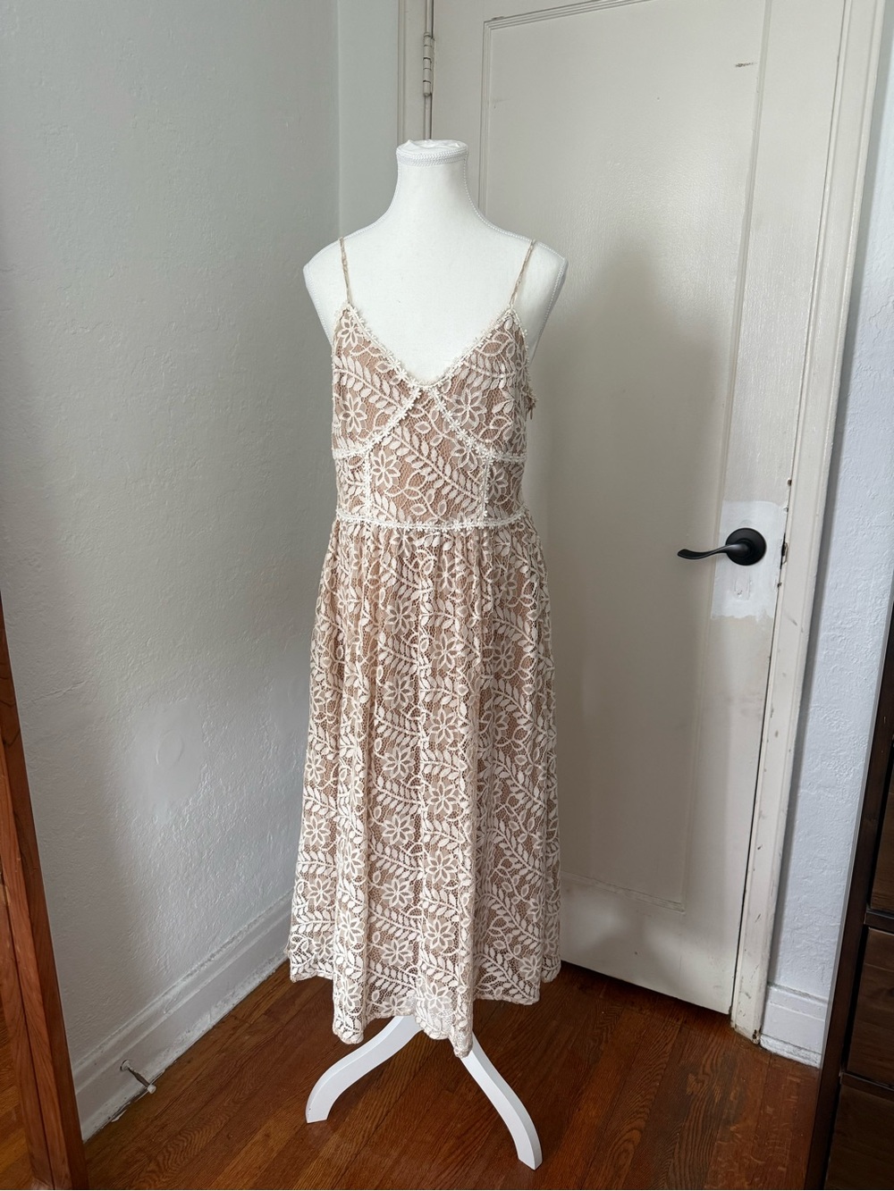 Anthropologie Beige Lace Midi Dress with Spaghetti Straps